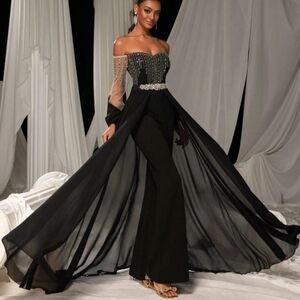 Faeriesty Black Rhinestone Elegant Off the Shoulder Jumpsuit Size XS